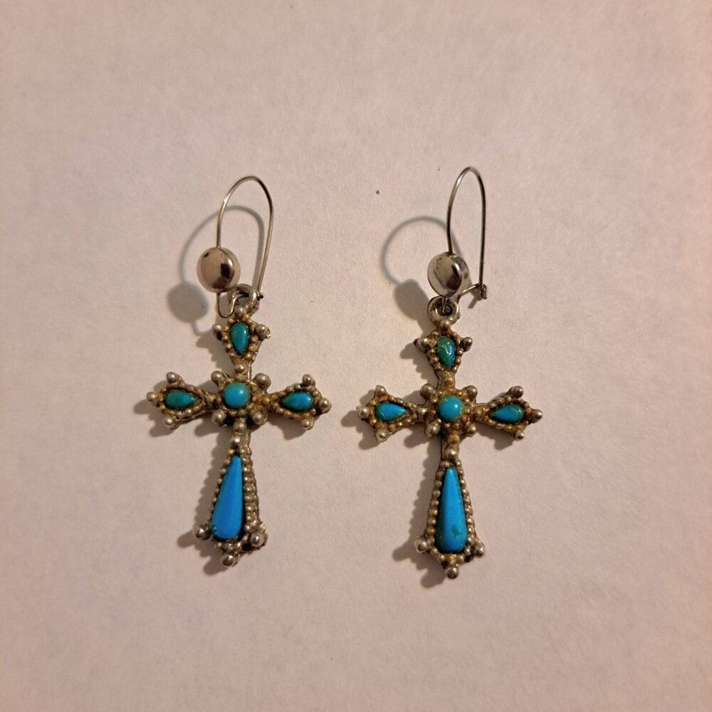 Handmade Silver With Turquoise Embellishments Cross Earrings